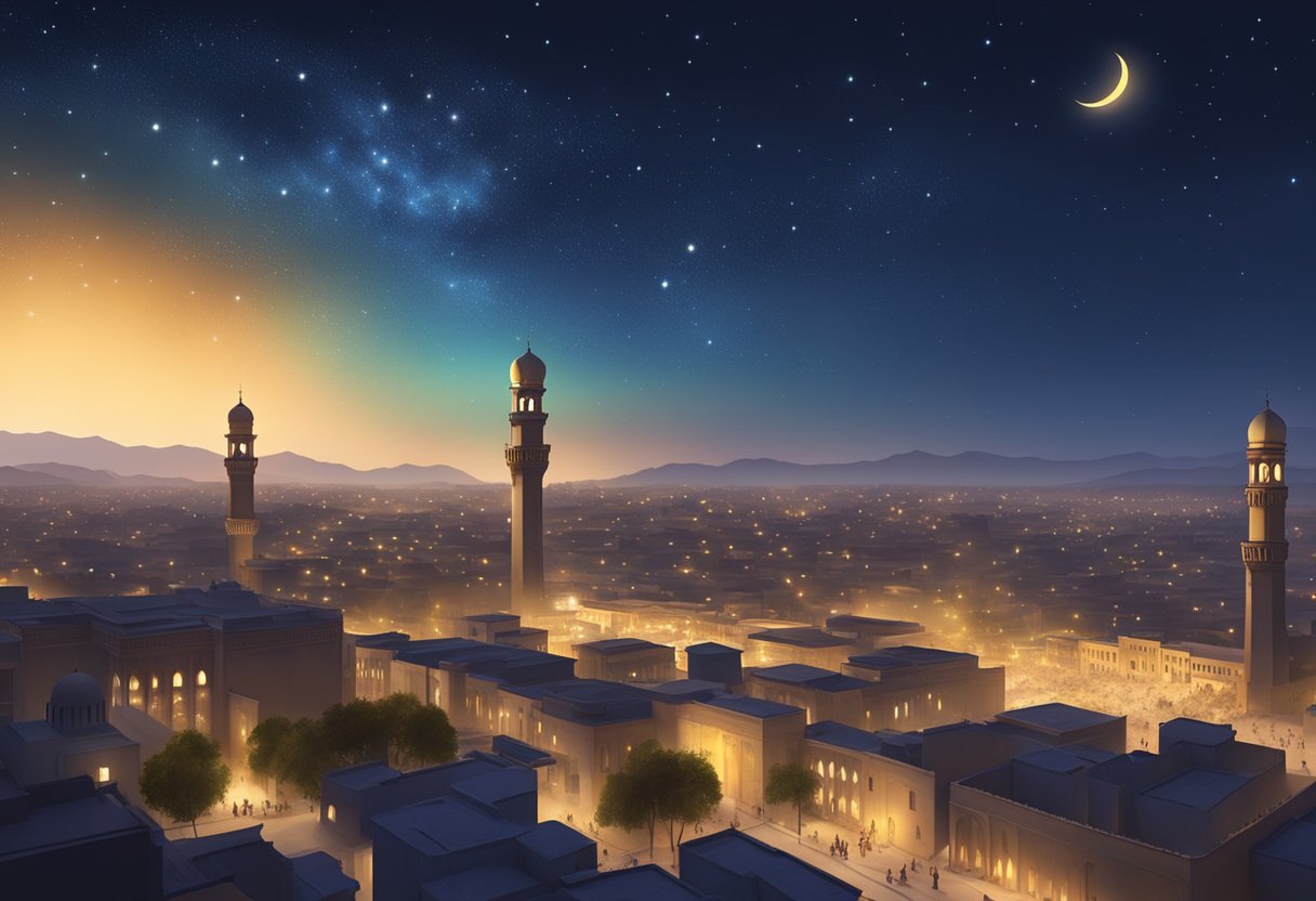The night sky over Peshawar in 2024, with stars twinkling and a serene atmosphere, depicting Shab-e-Barat
