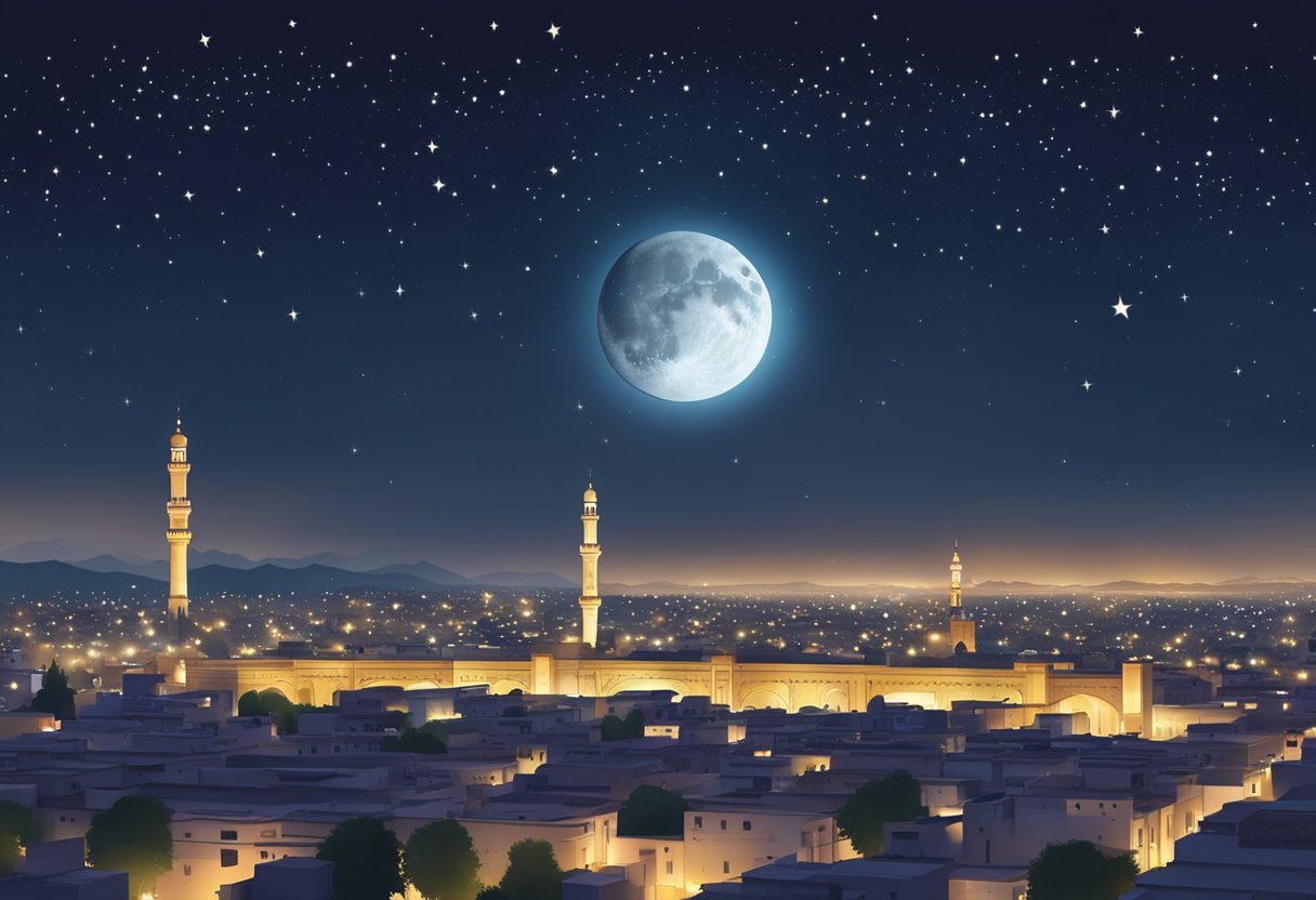 The night sky over Peshawar, with the moon shining brightly and stars twinkling, indicating the arrival of Shab-e-Barat in 2024