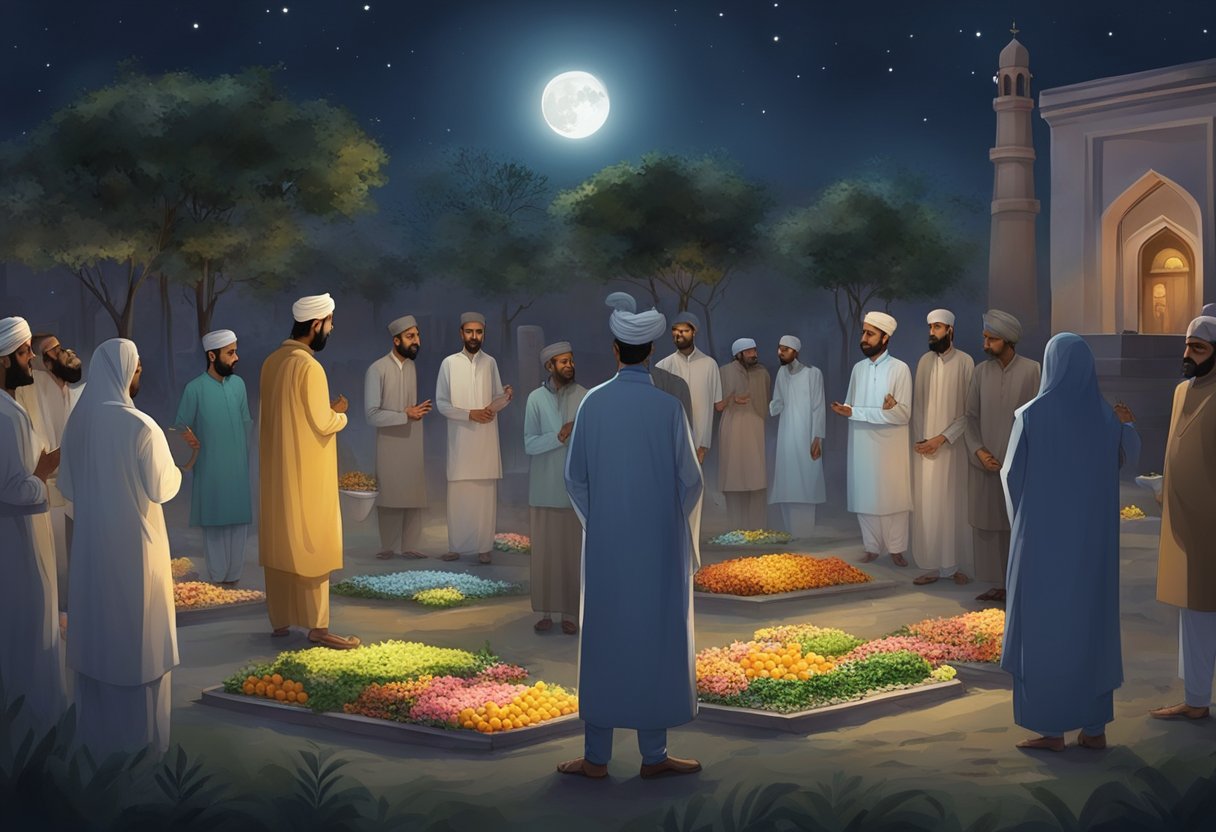 A moonlit night in Sialkot, 2024. A serene atmosphere with people visiting graves, offering prayers, and exchanging sweets