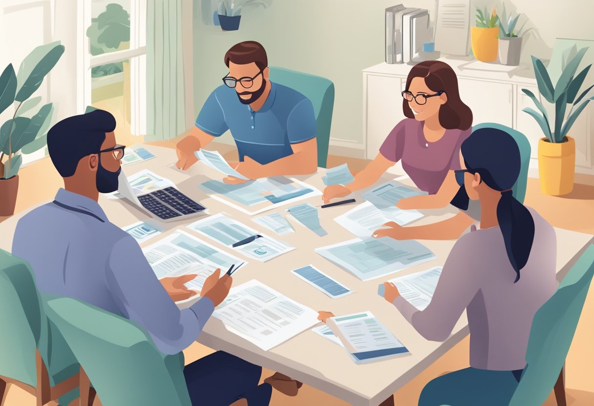 A family sitting around a table, discussing financial security and protection. Documents and insurance policies are spread out in front of them