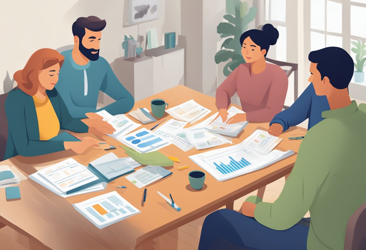 A family gathered around a table, discussing and making financial decisions together. A budget planner and papers are spread out in front of them