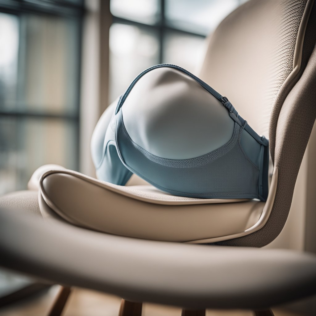 A bra lying on a chair with a visible lumbar support cushion