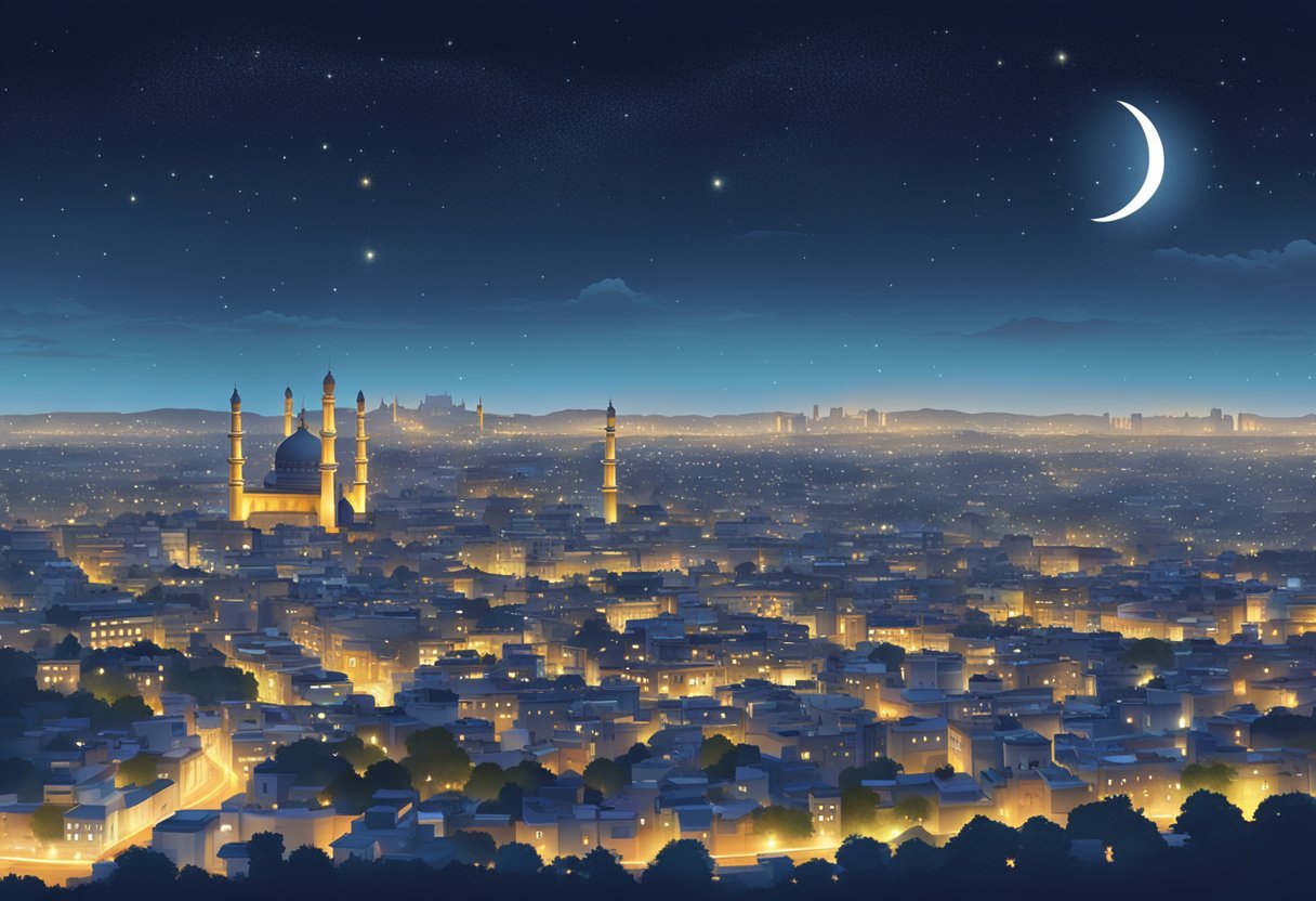 The night sky over Hyderabad, 2024. A crescent moon shines brightly, casting a soft glow over the city. Stars twinkle in the dark sky, creating a serene and peaceful atmosphere