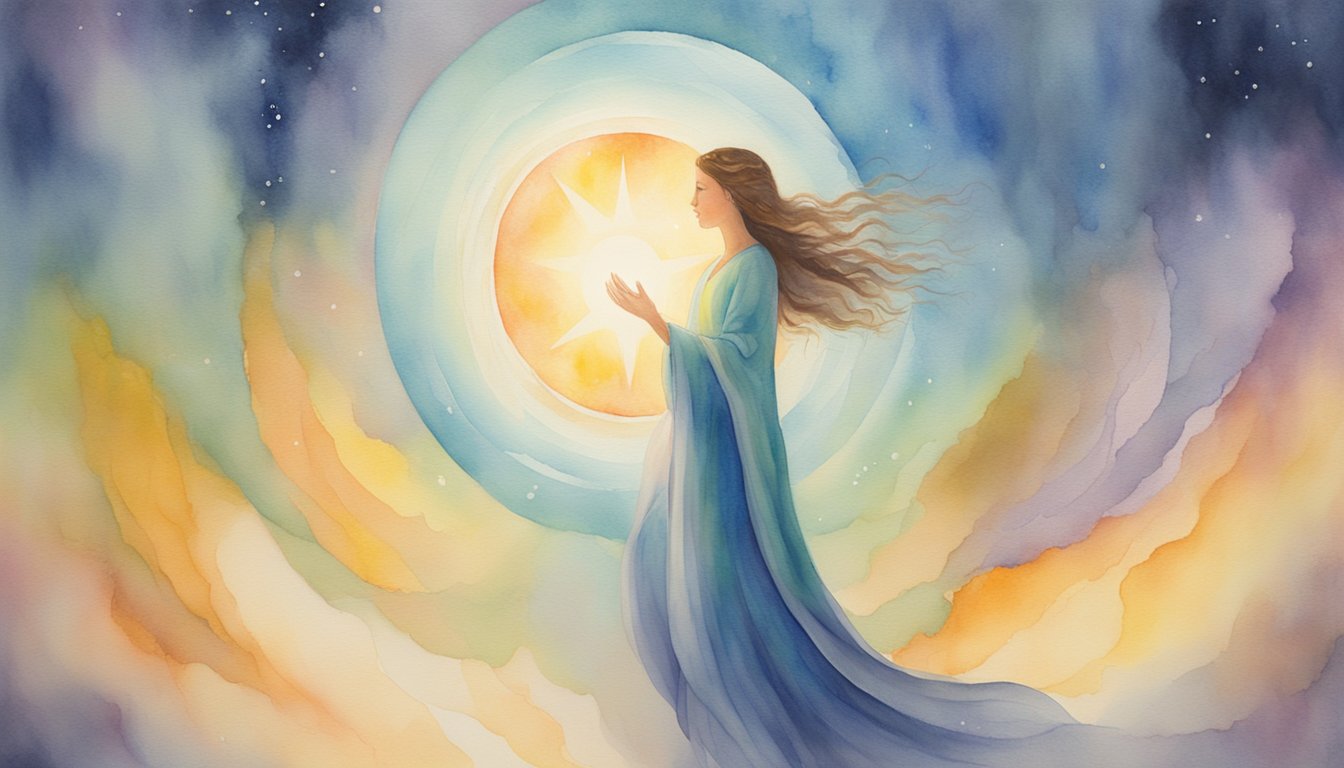 A glowing, ethereal figure hovers above a person, radiating warmth and love.</p><p>The number 45 appears in the air, surrounded by a halo of light, symbolizing a deepening spiritual connection
