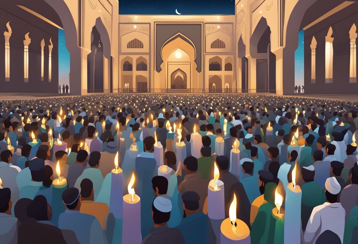 People gather at a mosque in Sargodha for Shab-e-Barat 2024. Candles are lit, and prayers are offered to observe the traditions of the holy night