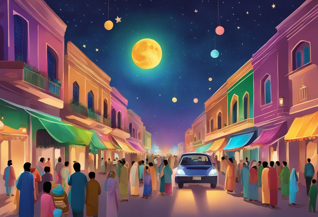 A colorful night sky over Bahawalpur, with people gathering for Shab-e-Barat traditions, lights and decorations adorning the streets and homes
