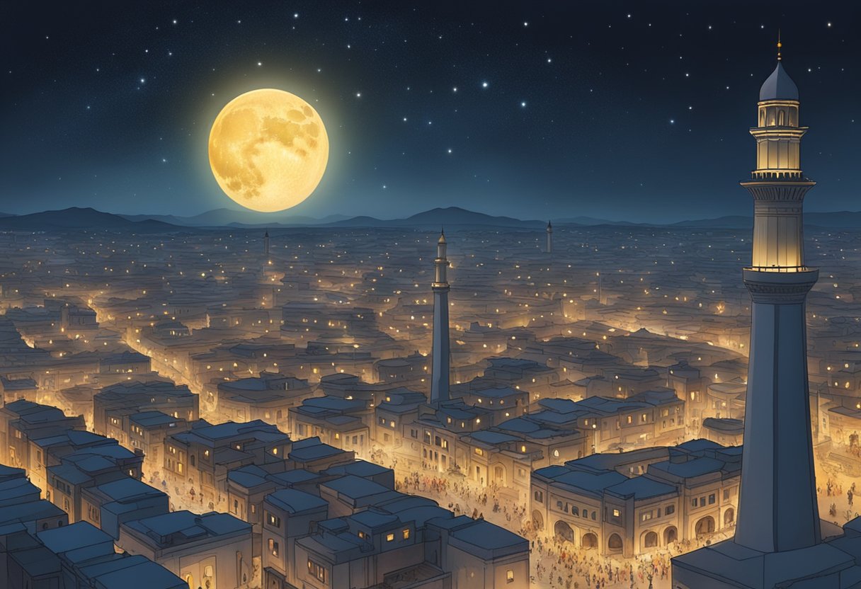 The night sky over Sukkur, 2024. A crescent moon illuminates the city as people gather for Shab-e-Barat
