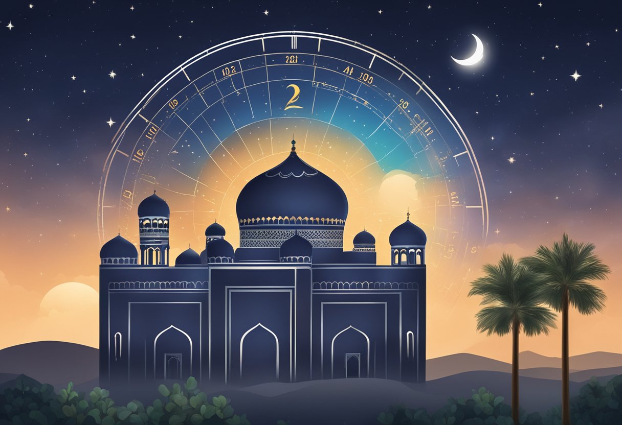 A calendar with "Shab-e-Barat 2024" circled, set against a night sky in Larkana, Pakistan