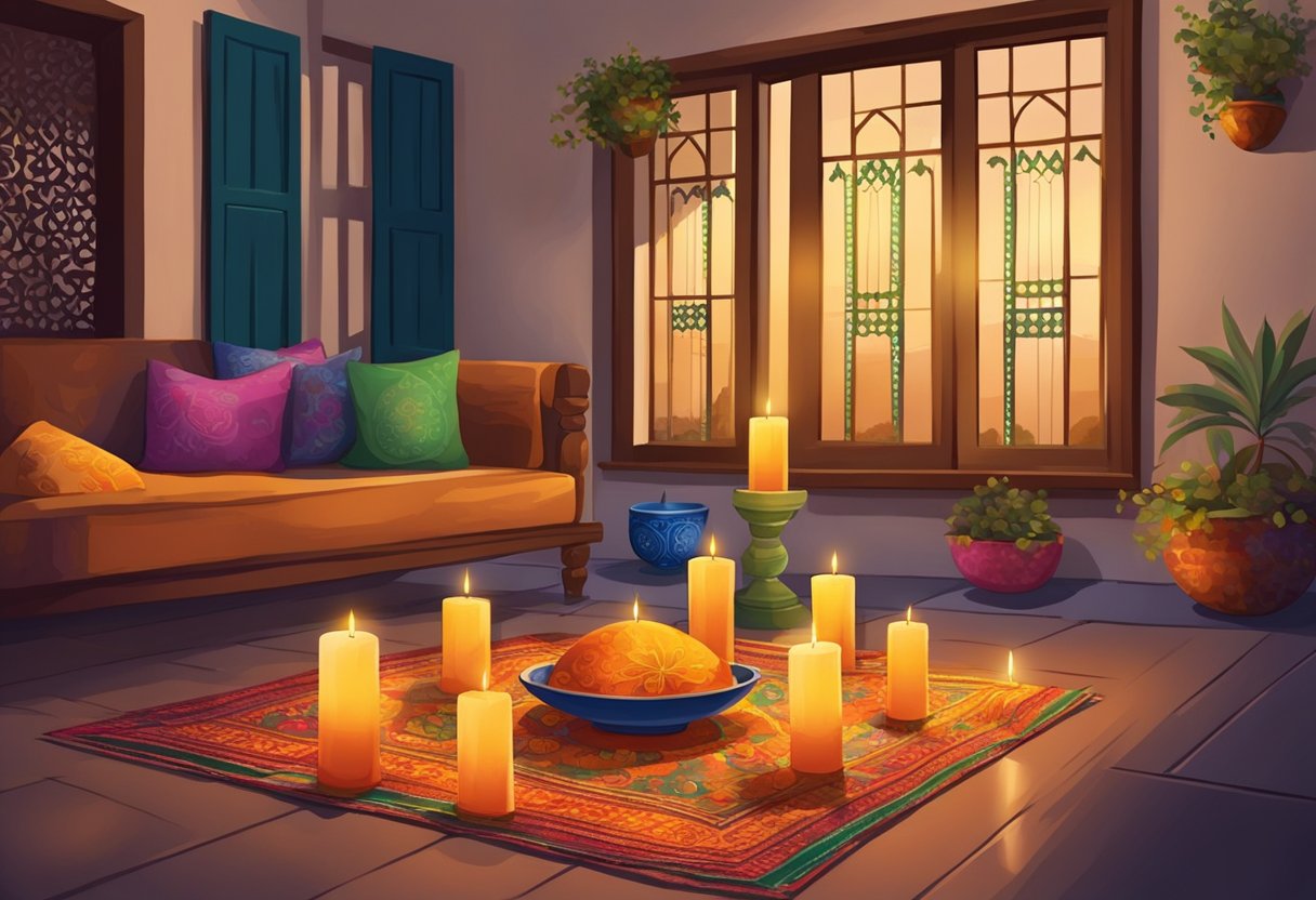 The scene depicts colorful decorations and lit candles in a Gujrati home, symbolizing the observance of Shab-e-Barat in 2024