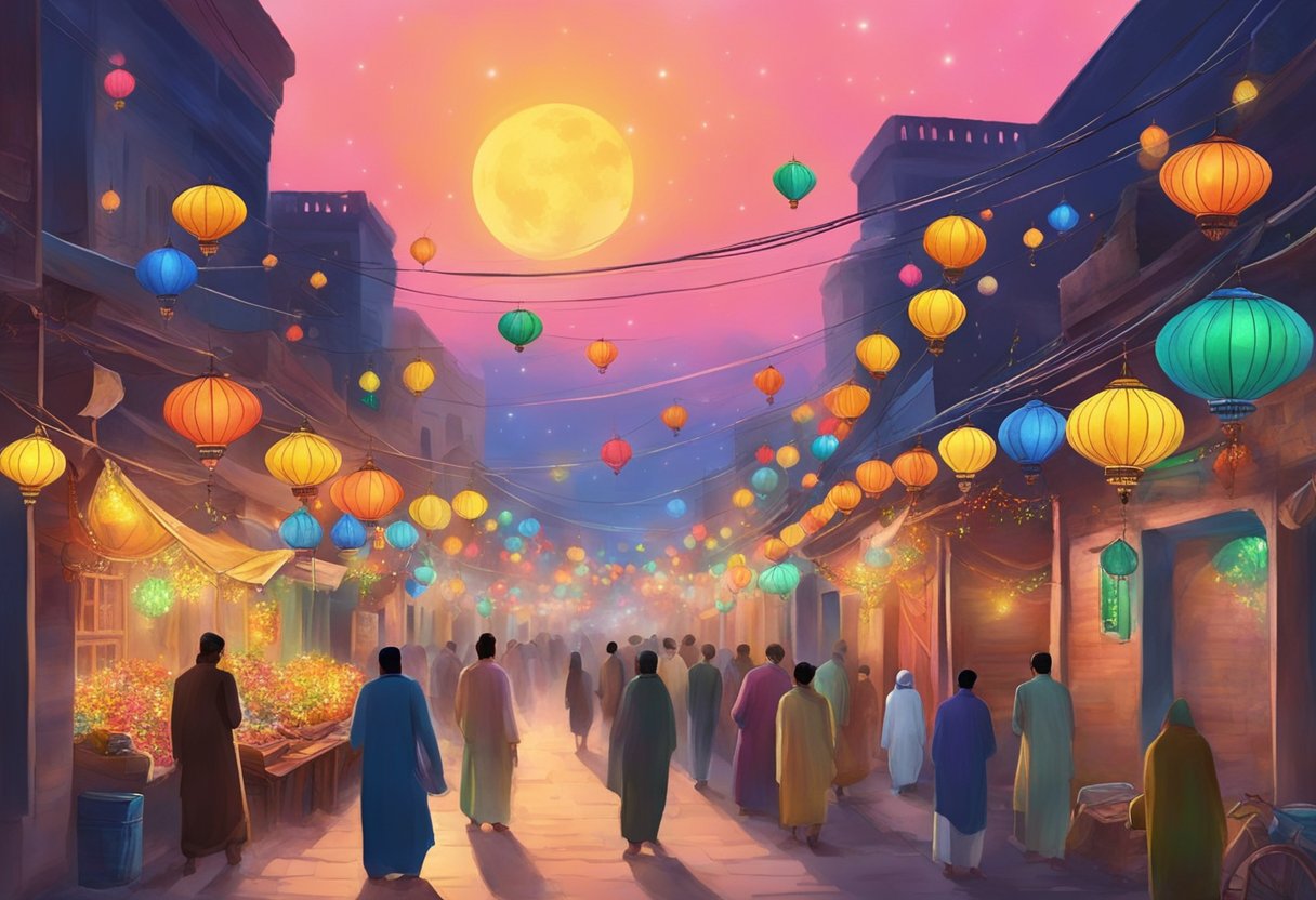 The streets of Jhang are adorned with colorful lights and decorations in preparation for Shab-e-Barat in 2024. The night sky is filled with the glow of lanterns and the air is filled with the scent of incense