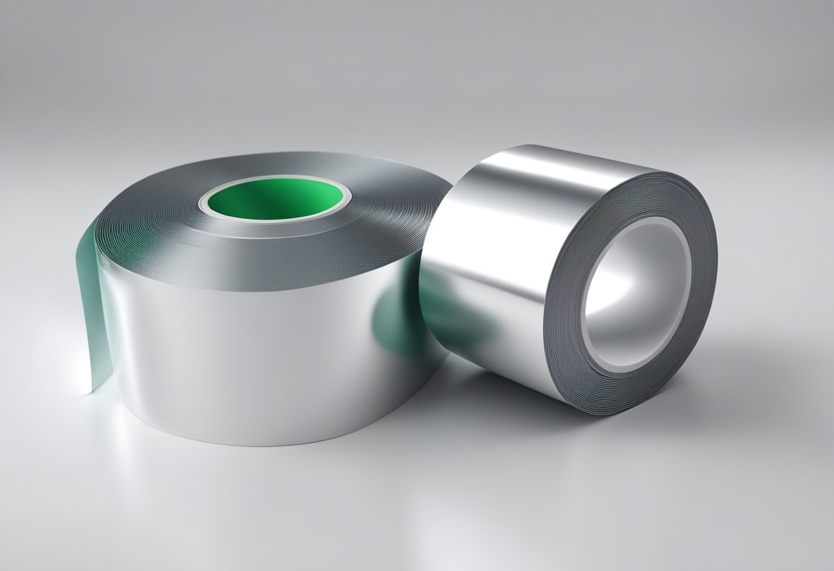 A roll of aluminum tape with a glossy release liner sits on a clean, white surface, ready to be used for sealing and repairing purposes