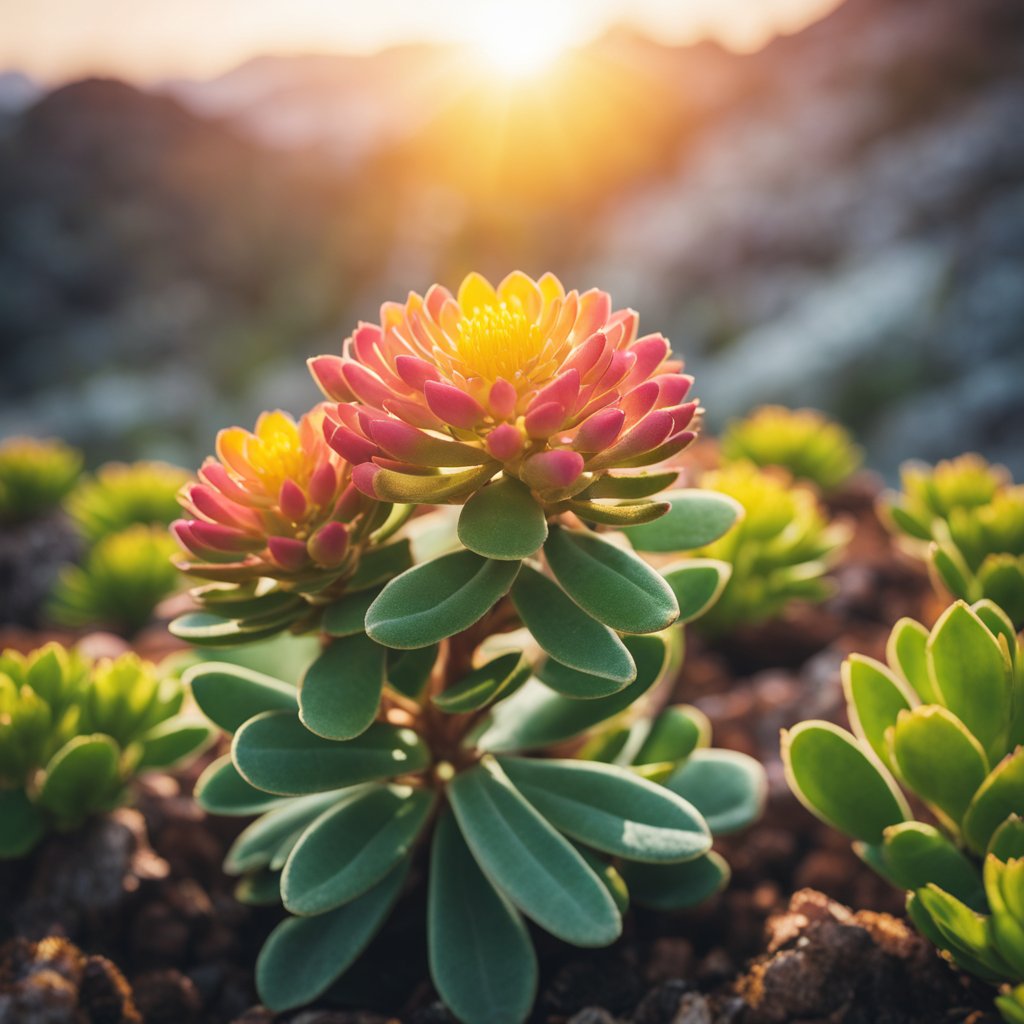 A vibrant rhodiola plant thrives in the rocky, mountainous terrain, surrounded by other alpine flora. The sun shines down, casting a warm glow on the delicate leaves and vibrant blooms
