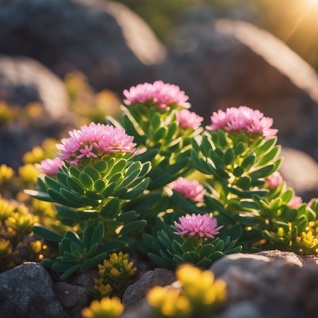 A vibrant Rhodiola Rosea plant sits atop a rocky mountain, bathed in golden sunlight, with its delicate pink flowers and green leaves glistening in the breeze