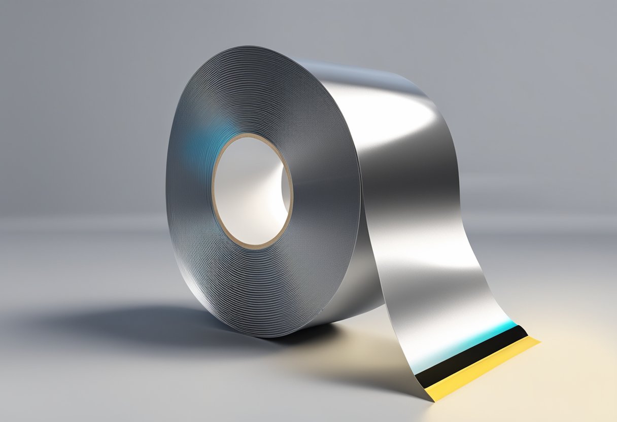 A roll of aluminum tape sits on a workbench, its silver surface glinting in the light, with no release liner attached