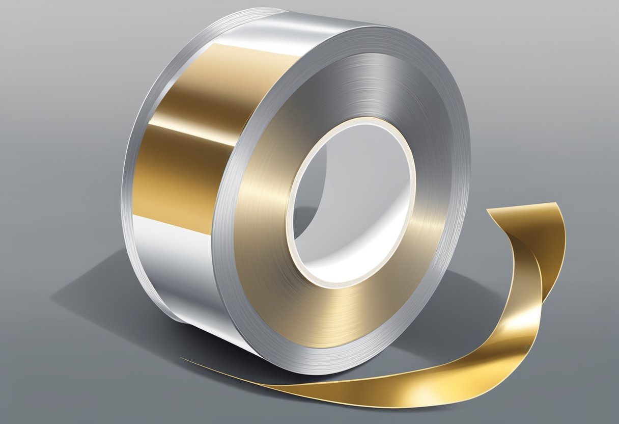 A roll of shiny aluminum tape unfurls, revealing its adhesive side and lack of backing paper