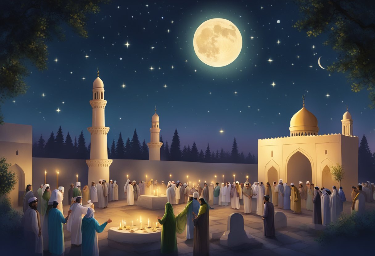 Shab-e-Barat scene: Night sky with moon and stars, people visiting graves, lighting candles, and offering prayers in Shahkot, 2024