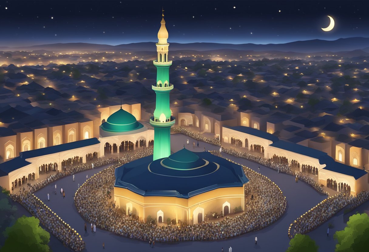 Shab-e-Barat 2024 in Shahkot: A moonlit night with stars, a mosque illuminated, and people gathered for prayers