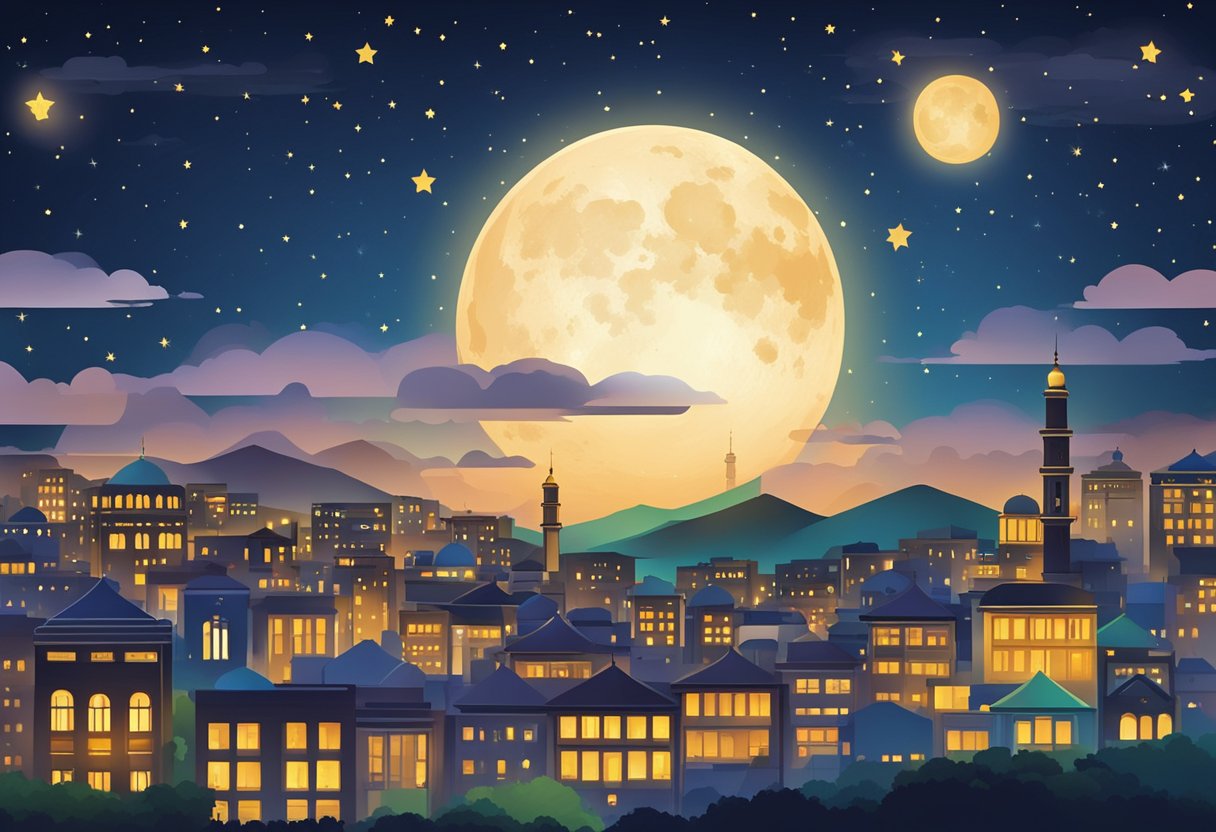 A moonlit night sky with stars shining brightly, casting a serene glow over the town of Kamoke. The date "Shab-e-Barat 2024" is prominently displayed on a calendar, symbolizing the significance of the night