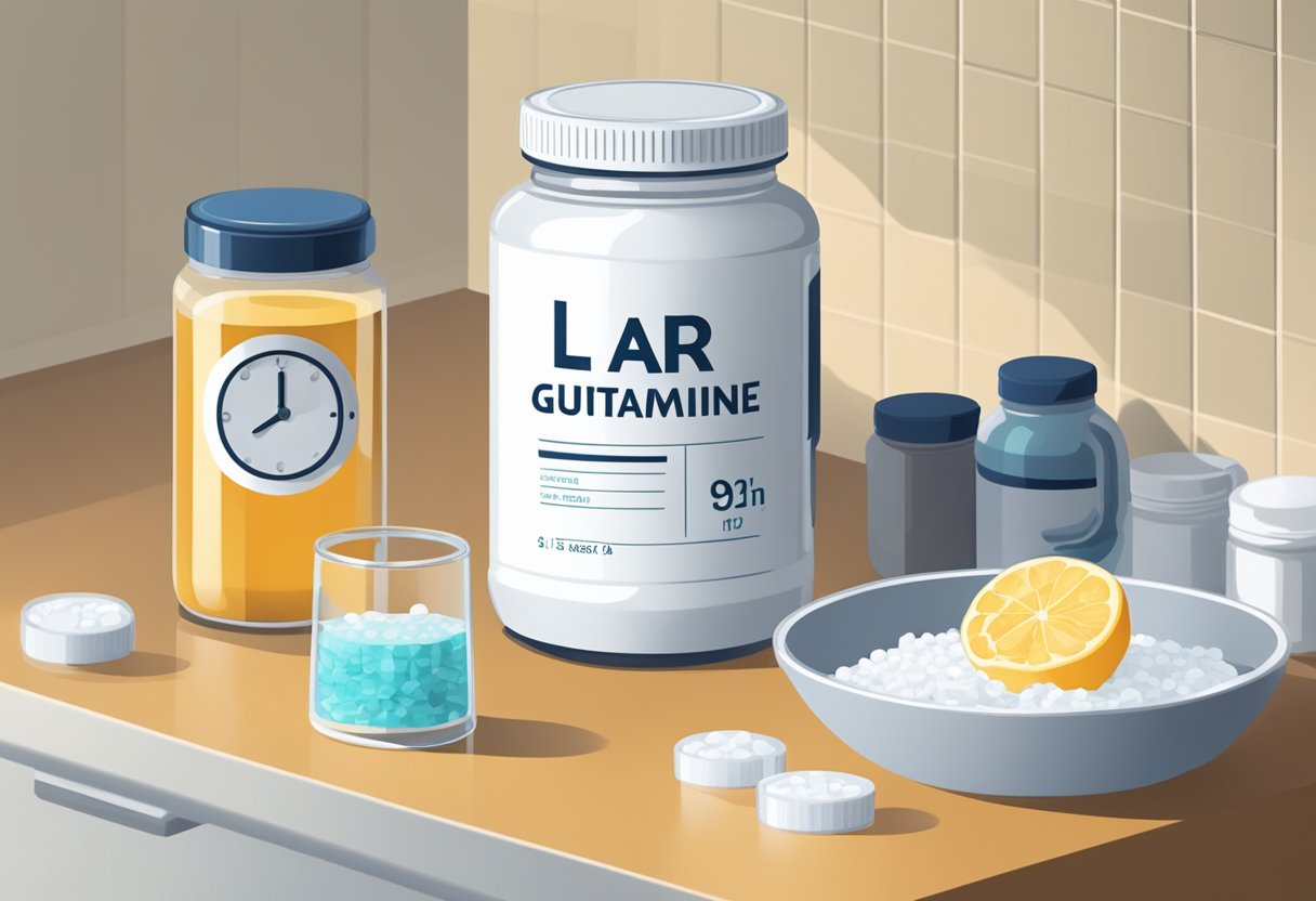 A jar of l-glutamine sits on a kitchen counter, next to a glass of water and a clock showing the time for taking the supplement for gut health