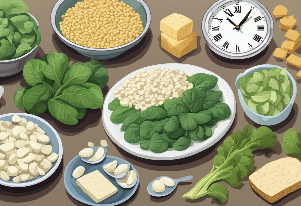 A table with various sources of L-Glutamine: spinach, tofu, cabbage, and beans. A clock showing "before meals" and "before bed."