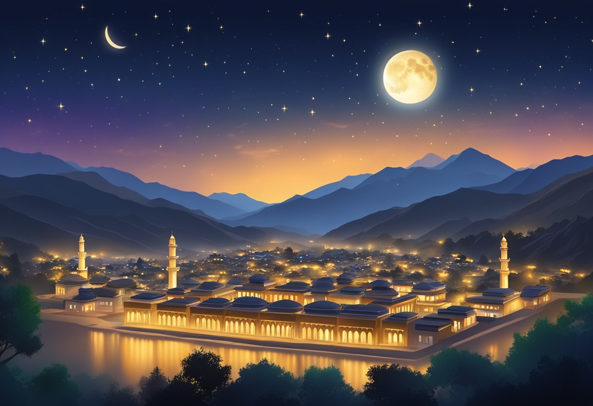 The moonlit night of Shab-e-Barat 2024 in Swat, with stars twinkling in the sky and the town below illuminated by soft, golden lights