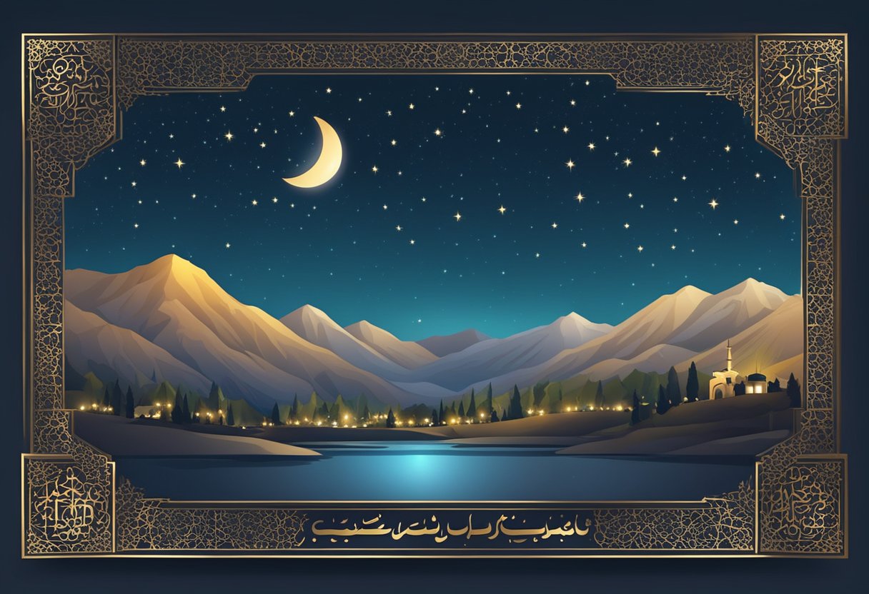 A clear night sky over Swat, with the moon shining brightly and stars twinkling. The date "Shab-e-Barat 2024" is written in elegant calligraphy in the center