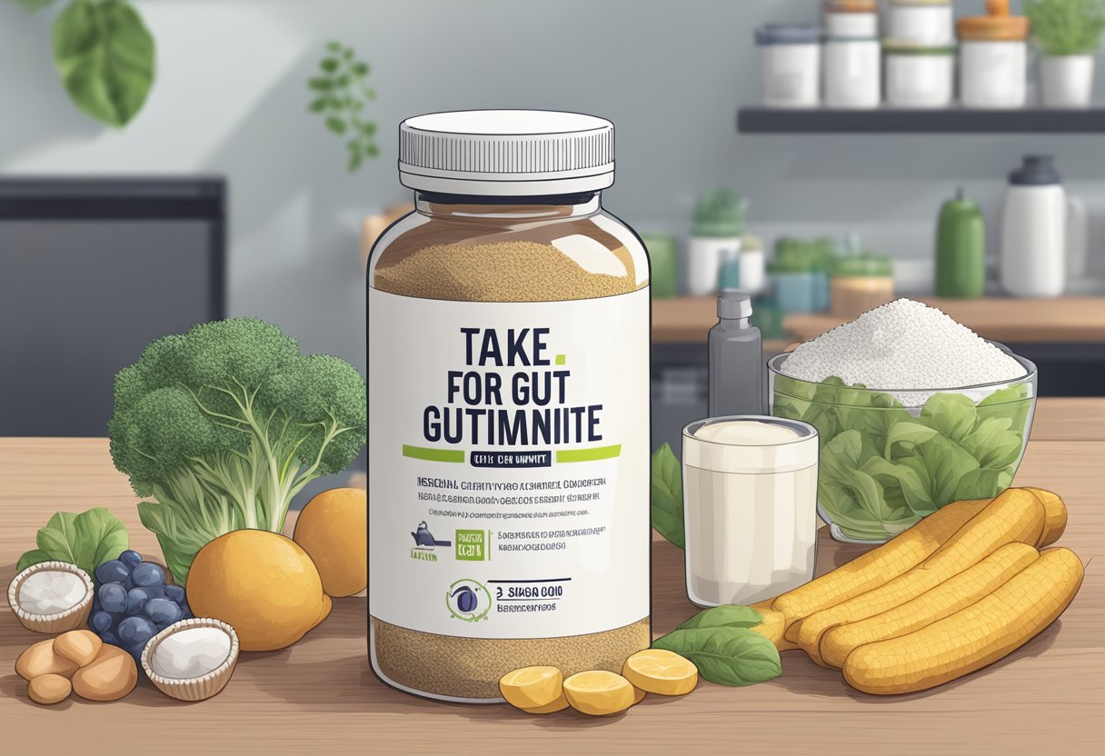 A bottle of L-Glutamine sits on a table, surrounded by images of a healthy gut. The label reads "Take for gut health."