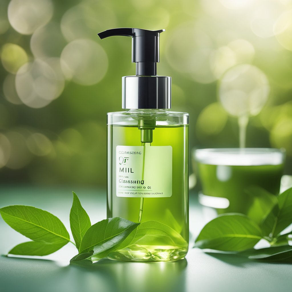 A bottle of cleansing oil for oily skin, with a clear label and a pump dispenser, surrounded by fresh green tea leaves and a light, refreshing mist in the background