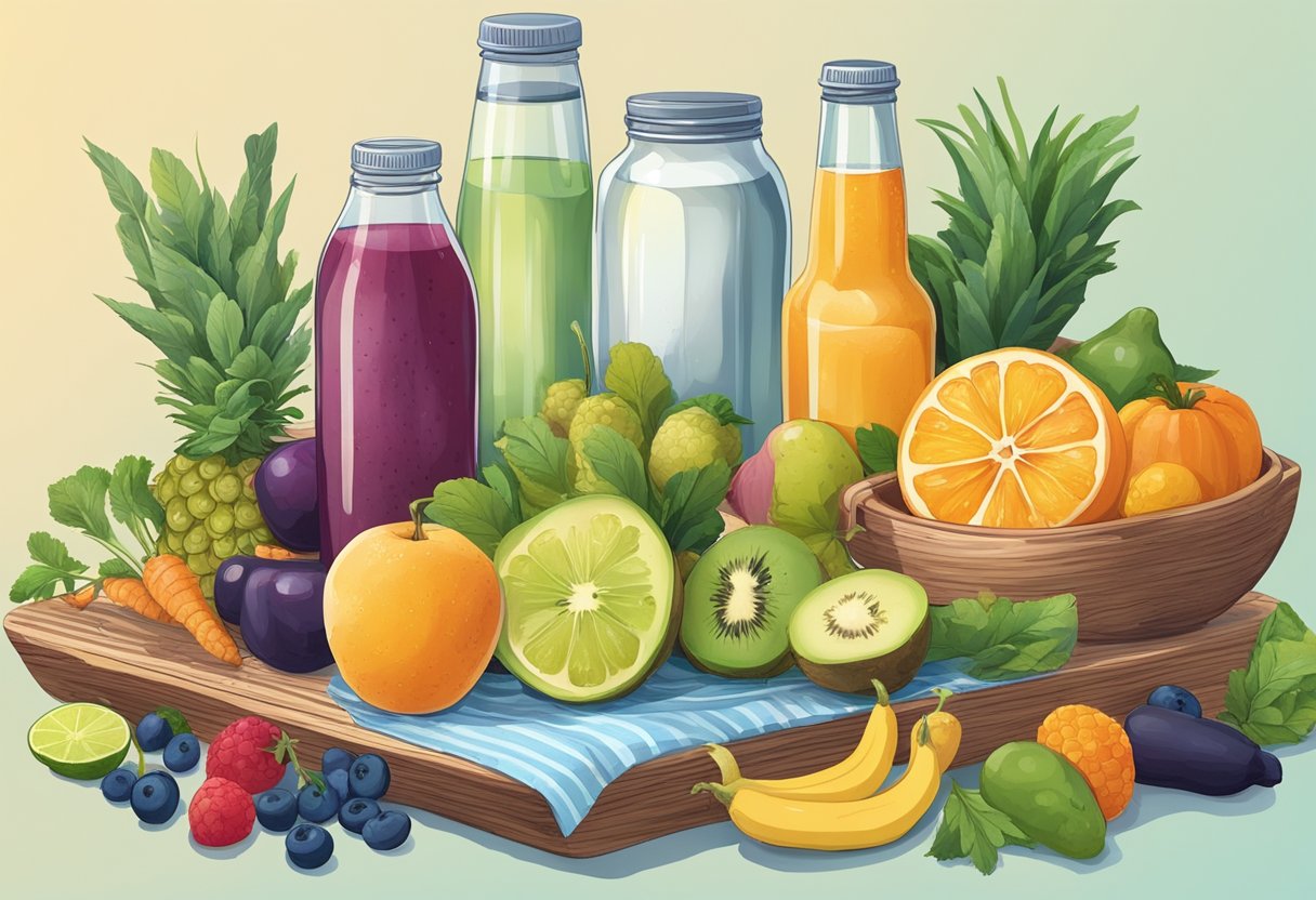 A table with a variety of colorful fruits, vegetables, and probiotic-rich foods, surrounded by a glass of water and a bottle of kombucha