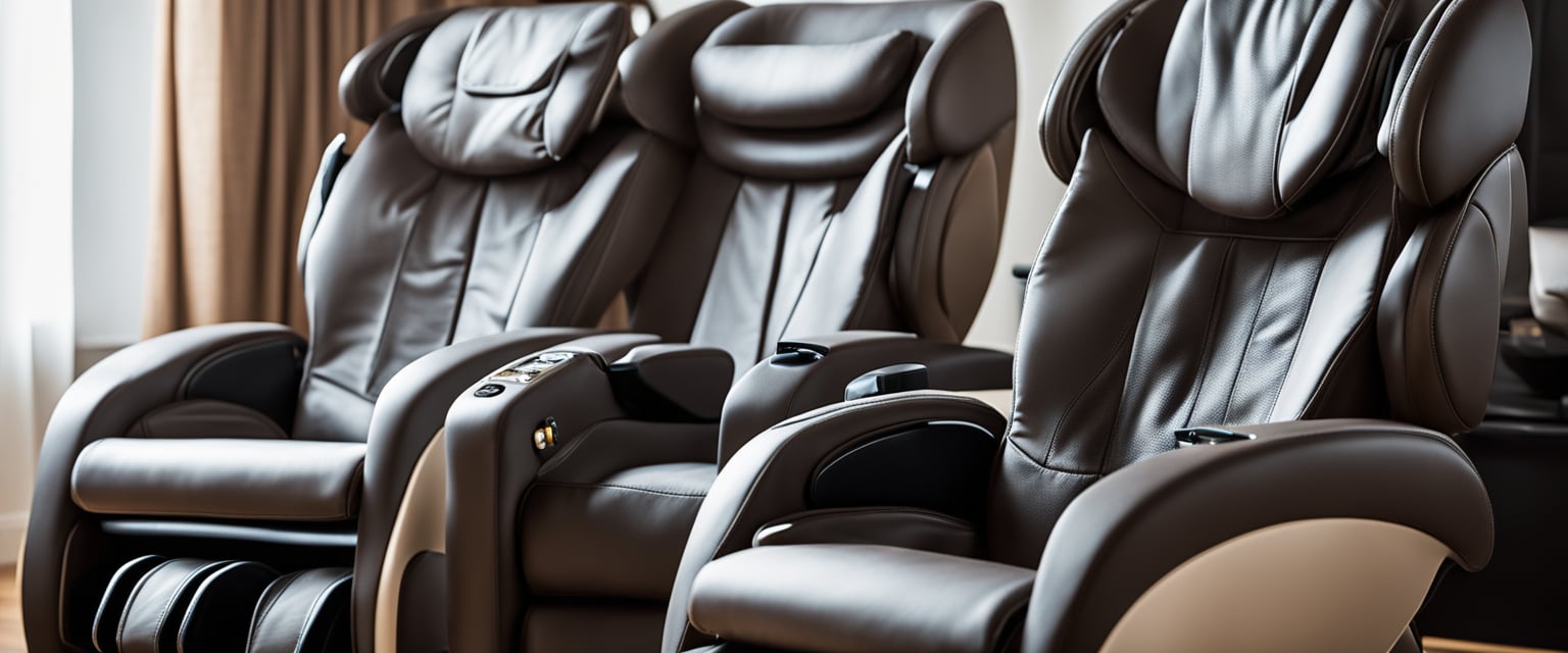Two massage chairs in a cozy home setting, with focus on their technical features
