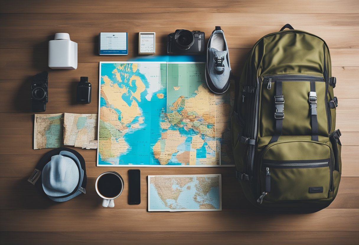 A traveler packing a backpack with clothes, toiletries, and a guidebook. Nearby, a map and budget airline tickets are laid out on a table