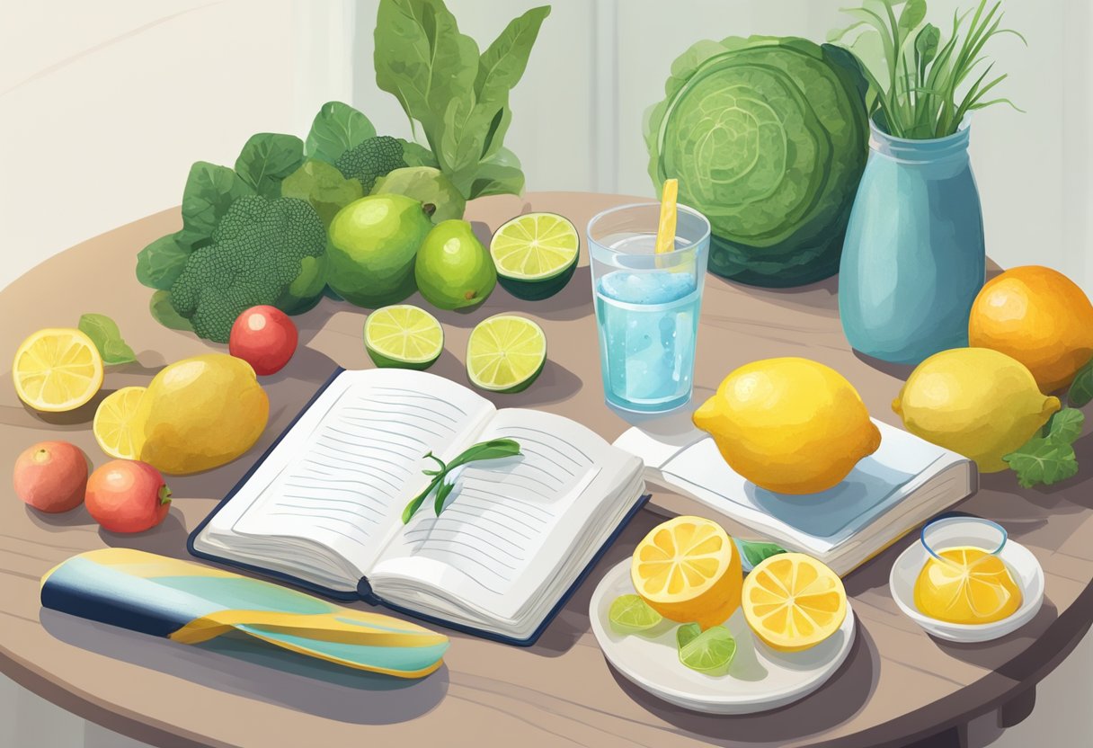 A table with fresh fruits, vegetables, and probiotic-rich foods. A glass of water with lemon. A yoga mat and a journal for mindfulness practice