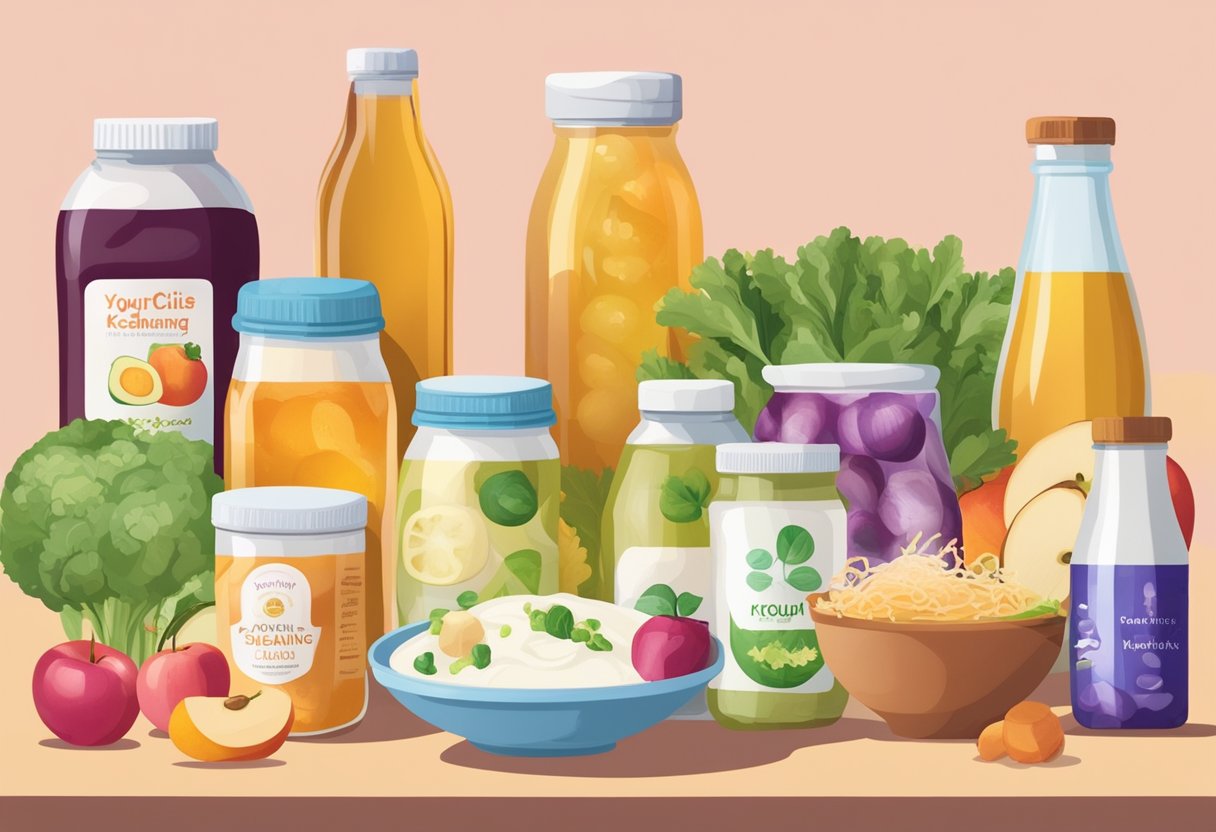 A colorful array of probiotic-rich foods and drinks, such as yogurt, kefir, kombucha, and fermented vegetables, are displayed on a table. A bottle of apple cider vinegar and a variety of gut-healing supplements are also included
