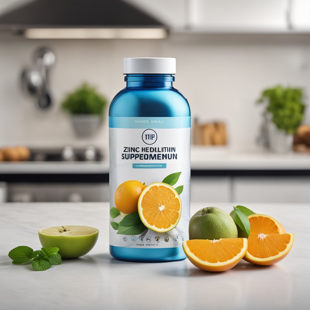 A bottle of zinc and magnesium supplement stands on a white countertop, surrounded by fresh fruits and a glass of water