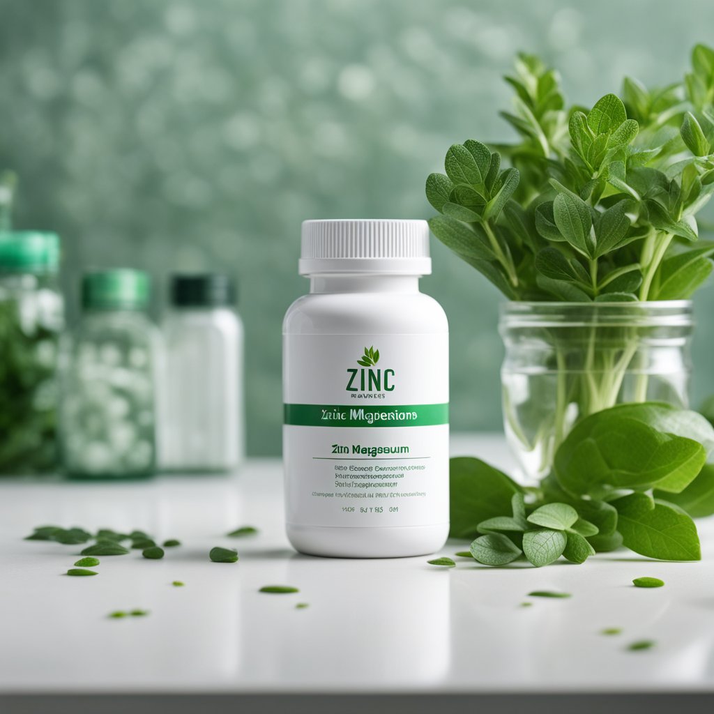 A bottle of zinc and magnesium supplements sits on a clean, white countertop, surrounded by fresh green herbs and a glass of water