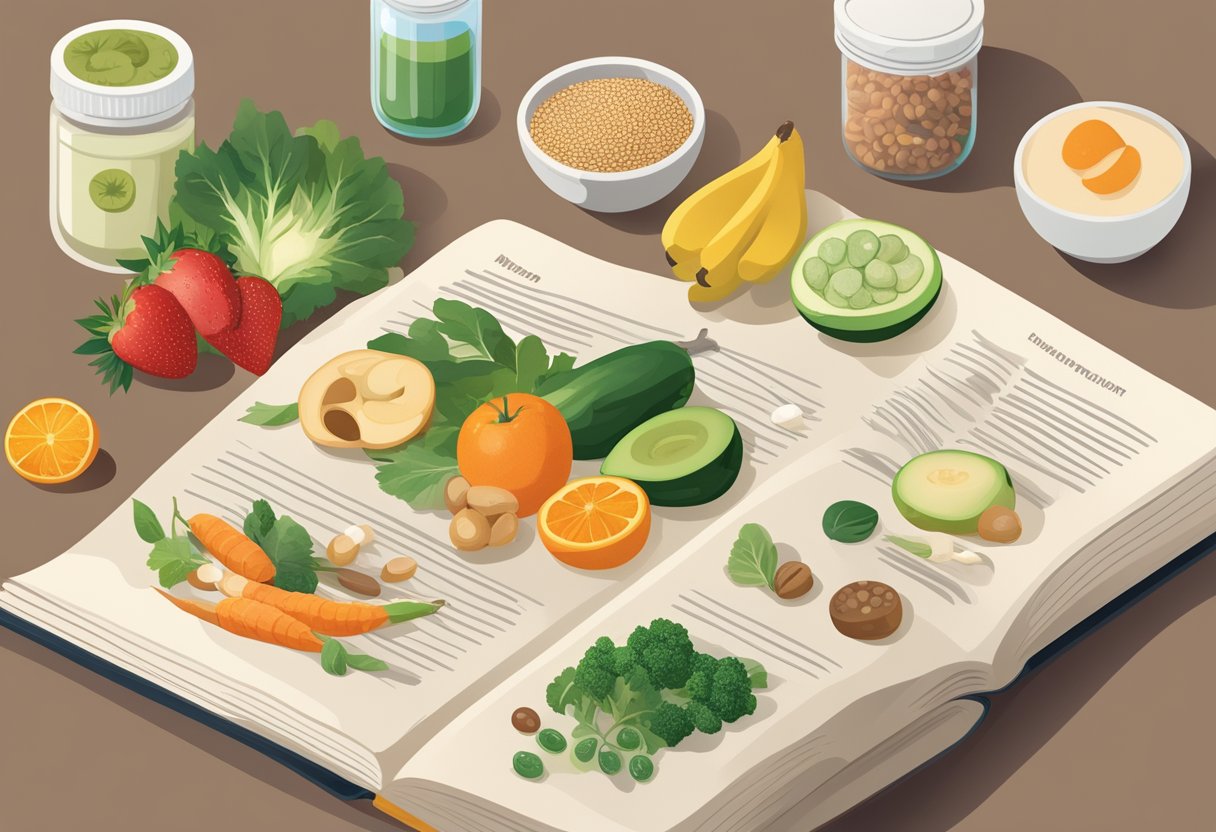A variety of probiotic-rich foods and supplements are displayed next to a diverse selection of fruits, vegetables, and whole grains. An open book with information on gut health sits nearby
