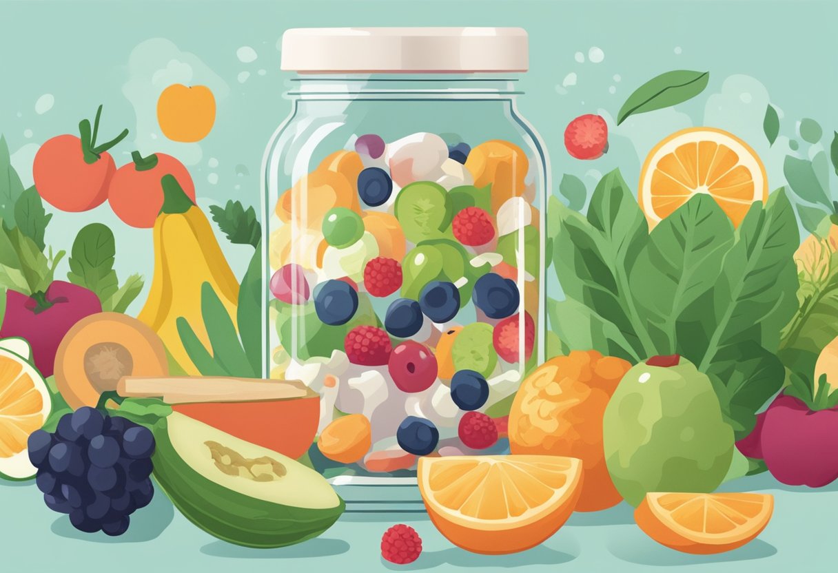 A jar of probiotics being opened, with various fruits and vegetables surrounding it, symbolizing the restoration of gut health after antibiotic treatment
