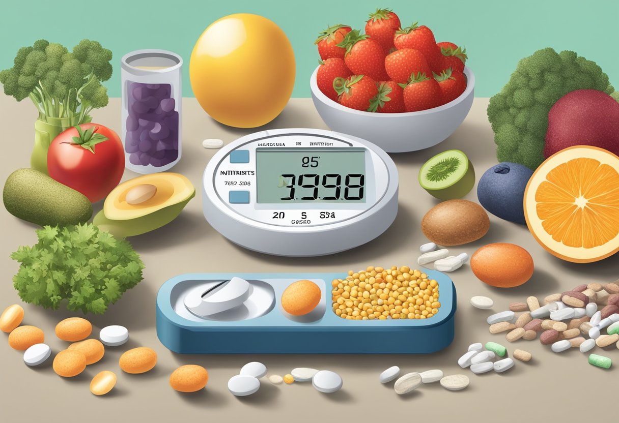 Various vitamins and minerals surround a blood sugar meter, stabilizing its levels. A healthy plate of balanced food sits nearby, providing essential nutrients for managing type 2 diabetes