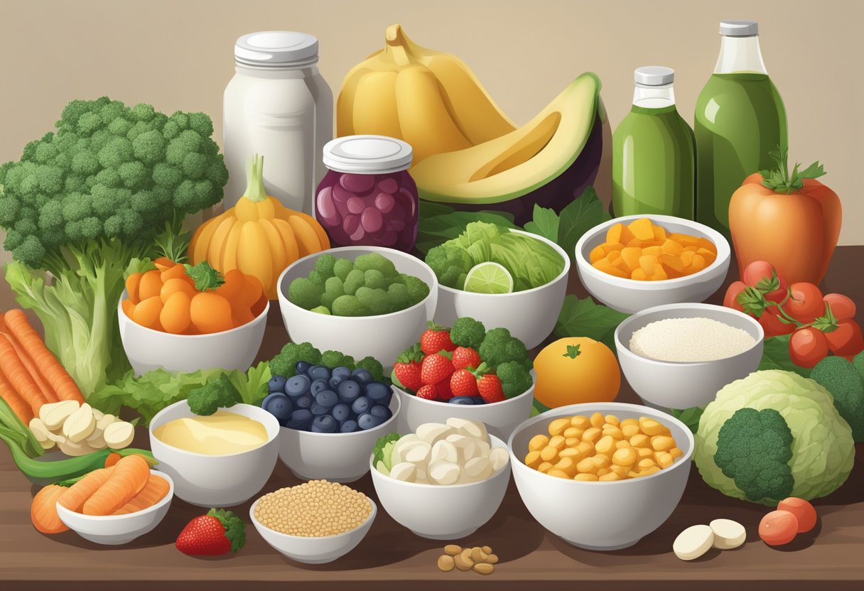 A variety of gut-healthy foods and supplements are laid out on a table, including probiotics, fermented foods, and fiber-rich fruits and vegetables
