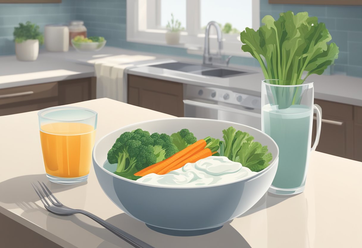 A bowl of probiotic-rich yogurt, a plate of steamed vegetables, and a glass of water on a clean, uncluttered kitchen counter