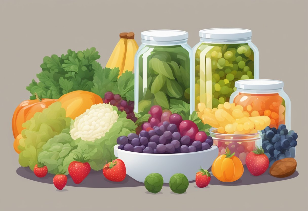 A jar of probiotics and a bowl of fermented foods on a table surrounded by a variety of colorful fruits and vegetables