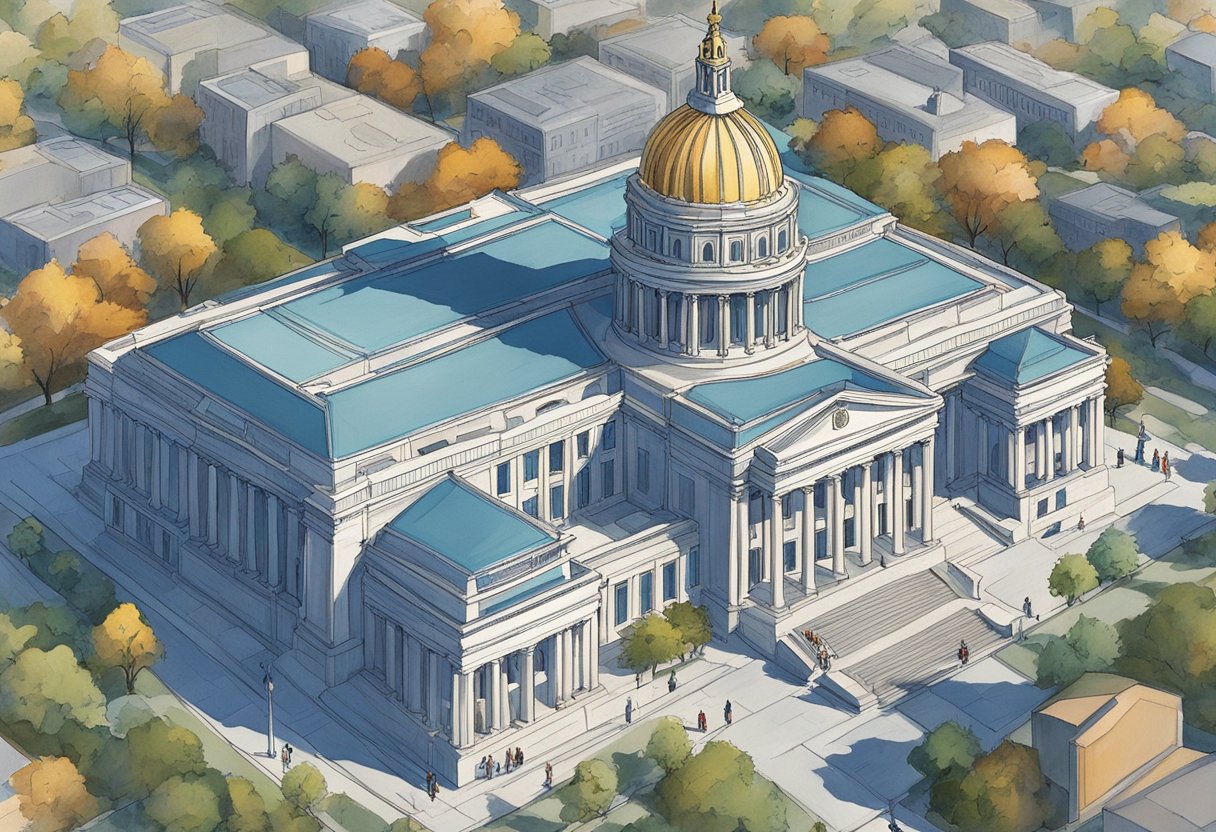 The state capitol building stands tall against a clear blue sky, with a crowd of protesters gathered outside, waving signs and chanting slogans. Inside, lawmakers engage in heated debates and discussions, with tension and passion filling the air