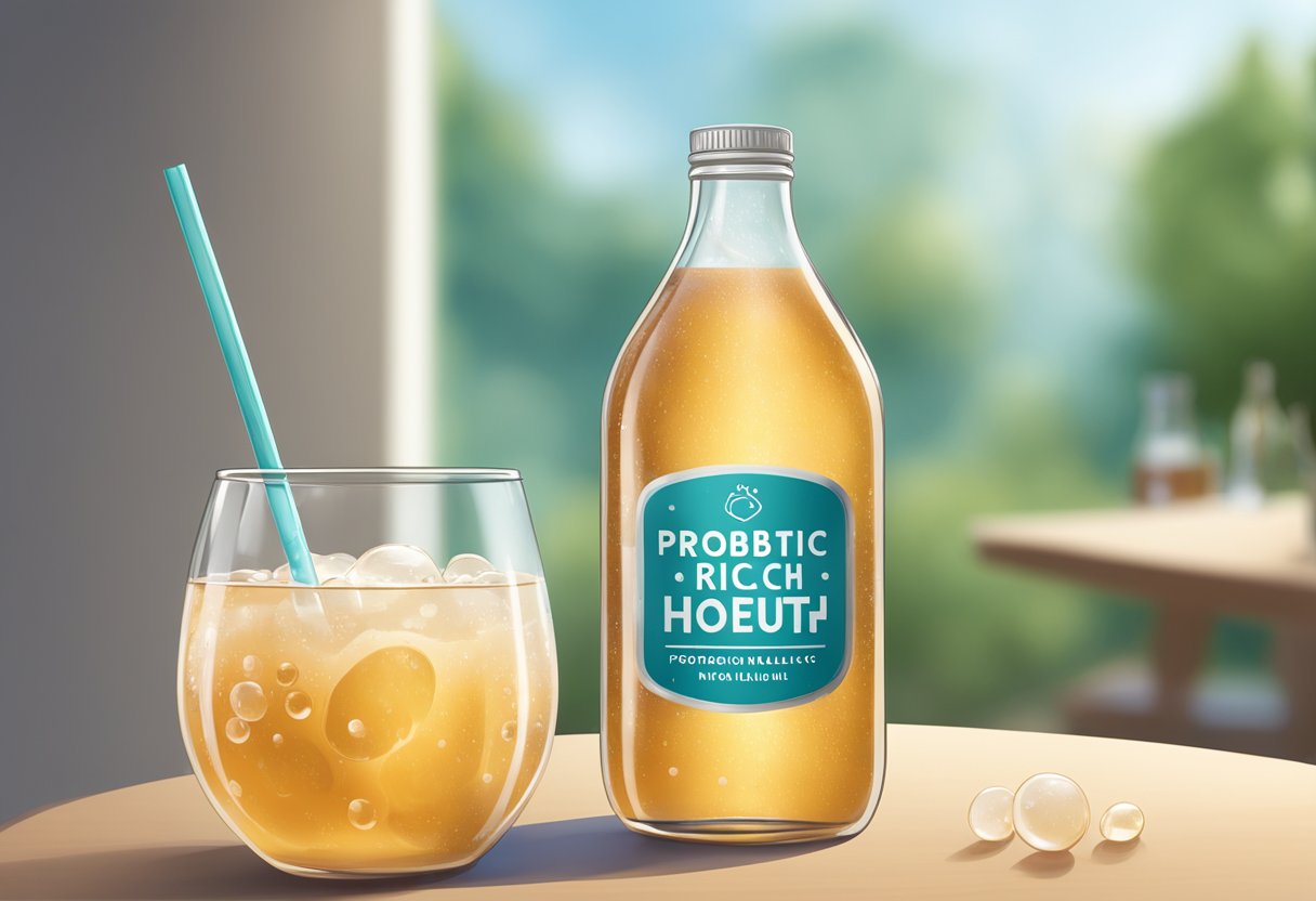 A glass of kombucha sits on a table with a straw inserted, bubbles rising to the surface. A label on the bottle reads "probiotic-rich for gut health."