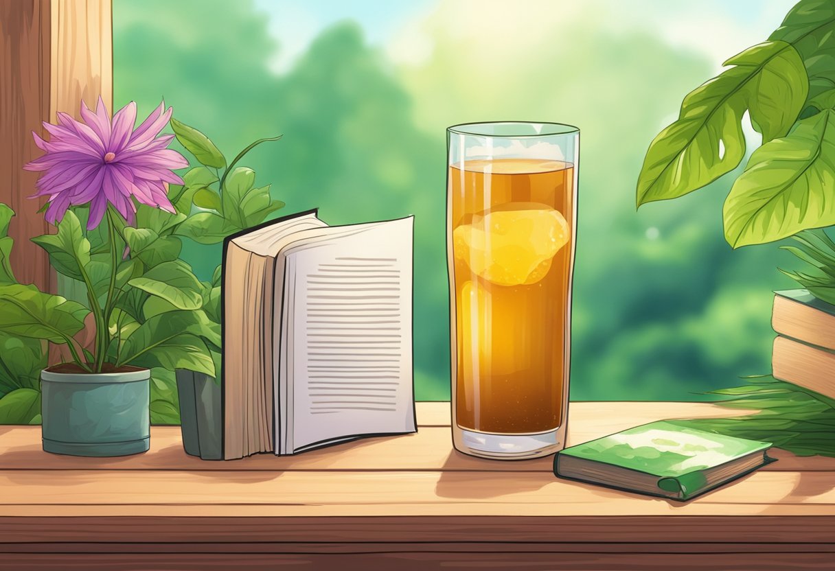 A glass of kombucha sits on a wooden table with a backdrop of vibrant green plants. A book on chronic diseases is open beside it, emphasizing the connection between kombucha and gut health