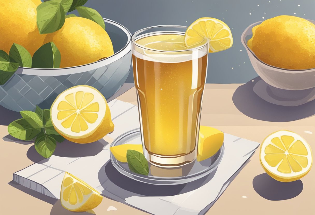 A glass of kombucha sits on a table with a slice of lemon next to it. The fizzy drink is surrounded by fresh fruits and vegetables, showcasing its potential as a healthy addition to a balanced diet