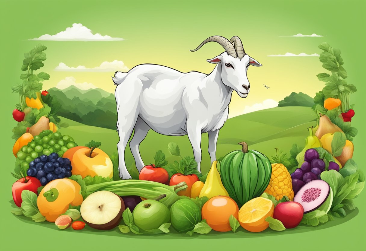 A goat grazing in a green pasture, surrounded by a variety of vibrant fruits and vegetables, symbolizing the health benefits of eating goat meat