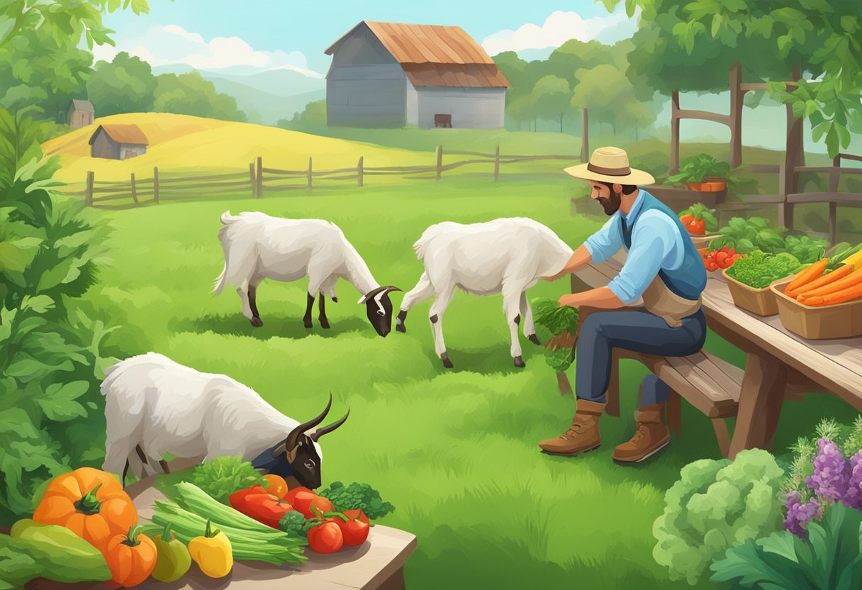 Goats grazing on lush green pastures, a farmer tending to them. Fresh, healthy goat meat on a table, surrounded by colorful vegetables and herbs