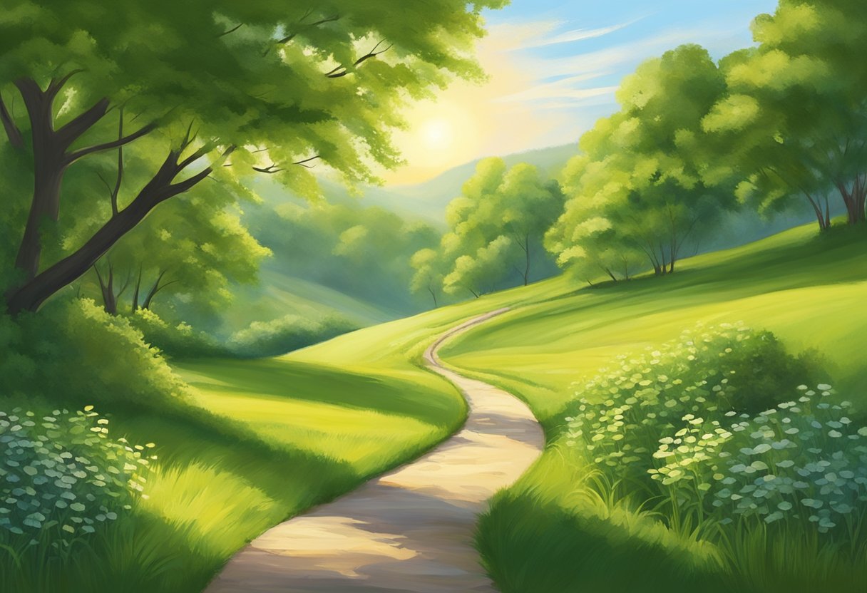 A serene path winds through a lush, green landscape. The sun shines down on the peaceful scene as the path stretches out into the distance, inviting the viewer to take a leisurely stroll - Walking health benefits