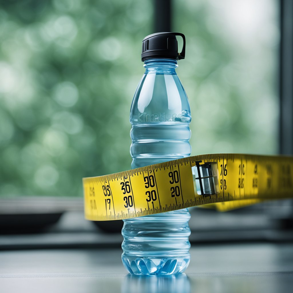 A water bottle with measuring lines, a scale, and a tape measure