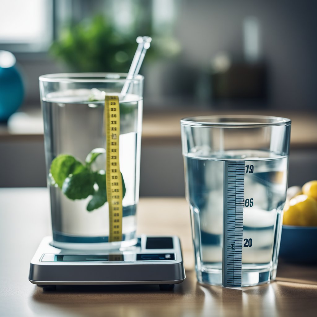 A glass of water sits next to a scale and measuring tape, symbolizing the role of hydration in weight management
